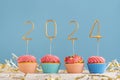 Holiday muffins with pink butter cream and 2024 numbers on blue background. Happy New Year theme