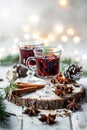 Holiday Mulled Wine in Festive Setting with Spices and Twinkling Lights