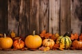 wood orange fall leaf wooden halloween holiday pumpkin season background autumn. Generative AI. Royalty Free Stock Photo