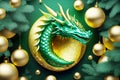 Symbol of traditional Asian dragon with fir boughs and gold new year balls