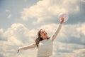 Holiday objects. Happy child with colorful air balloons over blue sky background. express positive emotions. just have Royalty Free Stock Photo