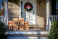 Holiday packages on front porch of home Royalty Free Stock Photo