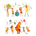 Holiday Party Actor or Entertainer Wearing Costume of Clown Playing with Kids Vector Set