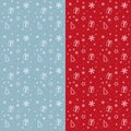 holiday pattern, christmas wrapping paper design, new year decoration, white seamless elements on red and blue