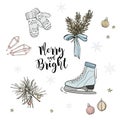 Holiday pattern decoration skate with fir branches, gloves, bauble, snowflake and big bow Christmas greeting card art Royalty Free Stock Photo