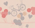 Holiday pattern with retro bicycle, balloons and gifts