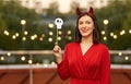 happy woman in red halloween costume of devil Royalty Free Stock Photo