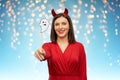 Happy woman in red halloween costume of devil Royalty Free Stock Photo