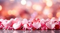 Holiday pink background of mix of pink and red hearts amidst sparkling gems