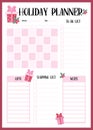 Holiday planner. Christmas organizer, month calendar, to-do list, shopping list, gifts and notes. Vector vertical