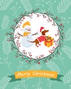 Holiday postcard with funny dachshund and snowman Royalty Free Stock Photo