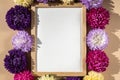 Holiday postcard greeting card empty paper note frame around mixed colorful flowers. Copy space mockup template Royalty Free Stock Photo