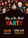 Holiday poster for Day of the dead. Vertical template decorated with sugar skulls, maracas, guitar, bones and garland