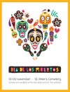 Holiday poster or flyer template decorated by Mexican calaveras or skulls, candles, maracas, flowers organized in heart