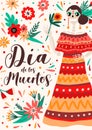 Holiday poster with hispanic woman skeleton in dress. Dia de los muertos vertical festive placard. Flat vector cartoon