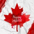 Holiday poster with red Canada maple leaf drawn on crumpled white paper. Royalty Free Stock Photo