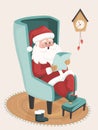 Holiday preparation. Happy old kind bearded Santa Claus wearing hat, glasses, sitting in the arm chair and reading a letter or