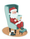 Holiday preparation. Happy old kind bearded Santa Claus wearing hat, glasses, sitting in the arm chair and reading a letter or