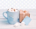 Holiday present box & mug tag polka background. Royalty Free Stock Photo