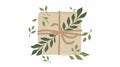 Holiday present wrapped in eco paper with twine and green leaves. A flat modern illustration showing a gift box in a Royalty Free Stock Photo
