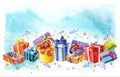 Holiday presents gift boxes watercolor illustration. streamers and stars