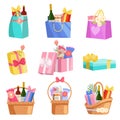 Holiday Presents Set, Paper Shopping Bags, Baskets and Boxes Full of Gifts, Design Elements for Birthday, Xmas, Wedding Royalty Free Stock Photo