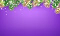 Holiday purple background with realistic looking green and golden Christmas tree branches with glowing lights