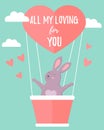 Holiday rabbit in love travelling in air balloon