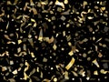 Holiday realistic gold confetti flying on black background.