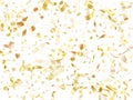 Holiday realistic gold confetti flying on black background.