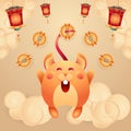 Holiday with realistic rat, mice and hanging lanterns. 2020 chinese new year greeting card with mouse, coins, red lights