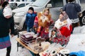 Holiday reindeer herders. A woman and a girl in national costumes sell wild plants and berries
