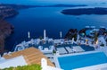 Holiday resort panoramic terrace overlooking Caldera on twilight Santorini Greece Royalty Free Stock Photo