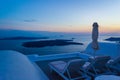 Holiday resort panoramic terrace overlooking Caldera on twilight Santorini Greece Royalty Free Stock Photo