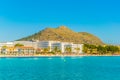 Holiday resorts stretched alongside Alcudia beach on Mallorca, Spain
