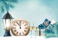 Holiday retro background with champagne glasses and clock. Happy New Year. Royalty Free Stock Photo