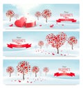 Holiday retro banners. Valentine trees with heart-shaped leaves.