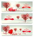 Holiday retro banners. Valentine trees with heart-shaped leaves.