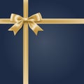 Holiday ribbon with knot soft golden bow on dark blue. vector