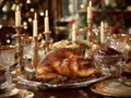 Holiday Roast Dinner on Elegant Festive Table Setting - 1generative ai Royalty Free Stock Photo