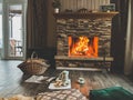 Holiday romantic vacation in the snowy mountains near the fireplace with a cup of coffee and cookies.