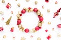 Holiday round frame, pattern made of red and gold glass Christmas balls isolated on a white background. the apartment Royalty Free Stock Photo