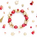 Holiday round frame, pattern made of red and gold glass Christmas balls isolated on a white background. the apartment Royalty Free Stock Photo