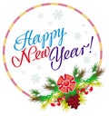 Holiday round label with greeting text `Happy New Year!`.
