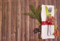 Holiday`s background Christmas table place setting. Royalty Free Stock Photo