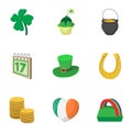 Holiday Saint Patrick day icons set, cartoon style Royalty Free Stock Photo