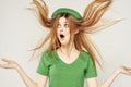 holiday Saint Patrick& x27;s Day shamrock girl fun Green clothing light background Royalty Free Stock Photo