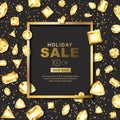 Holiday sale banner with 3d golden gems, jewels. Gold shiny diamonds