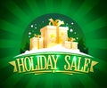 Holiday sale banner design, vintage style illustration with gift boxes and rays