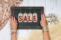 Holiday Sale. Female hands with jewelry. Fashion accessories Royalty Free Stock Photo